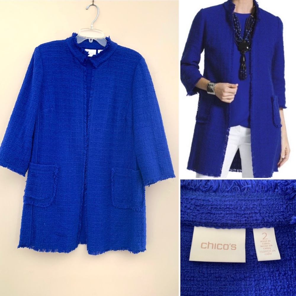Chico’s blue open front tweed jacket with fringe trim along the edges. 2-L